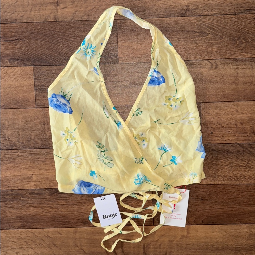Rouje Yellow Floral Halter Tie Crop Top